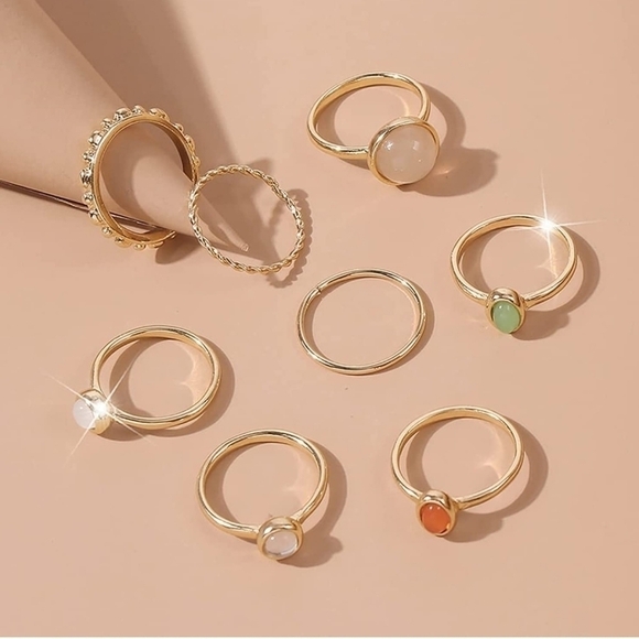 8pc Stackable Opal Crystal Gem Ring Set Gold Boho Vintage Rhinestone Size 6.5-7 - Picture 2 of 2